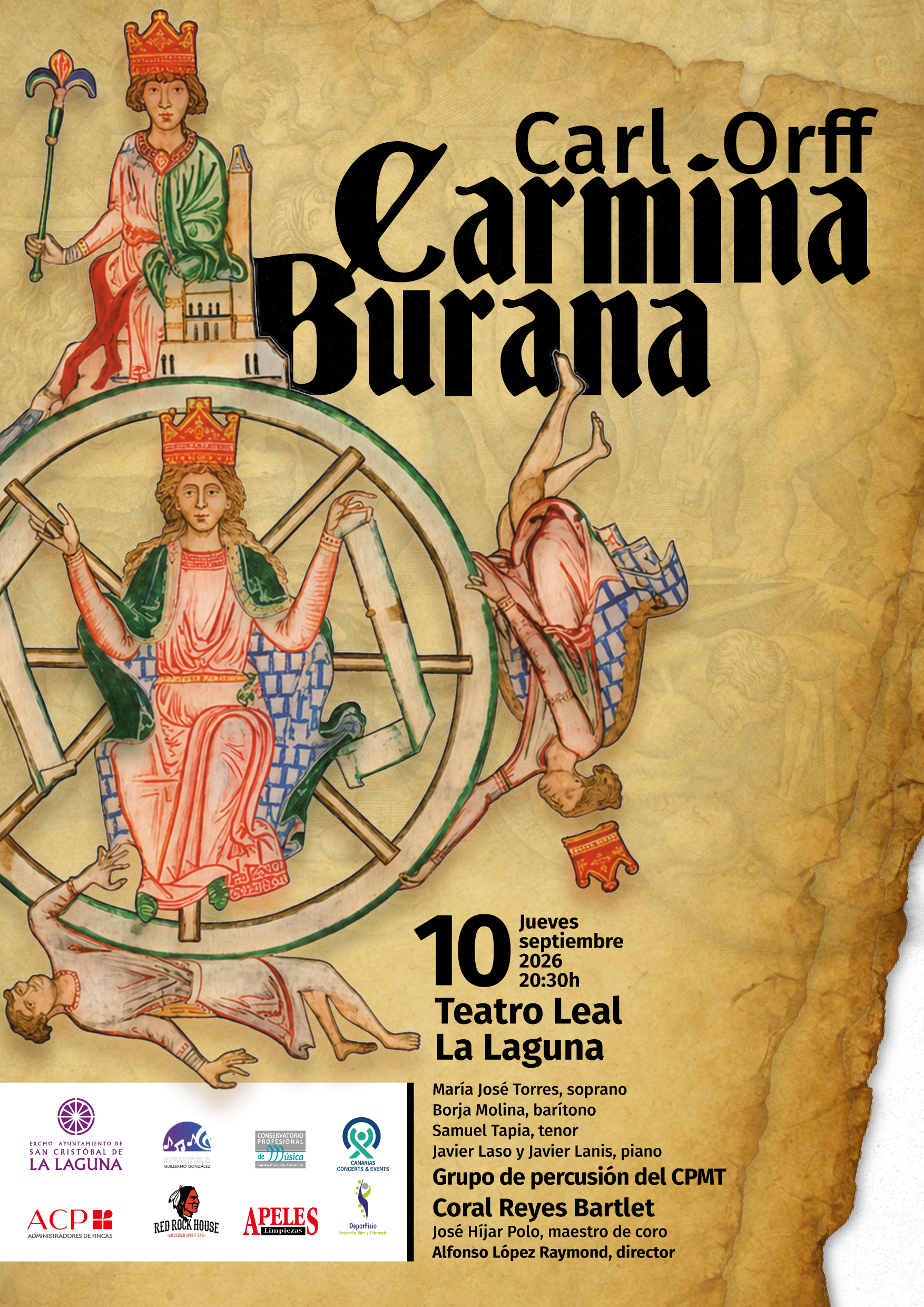Cartel ilustrado de Carmina Burana con la rueda de la Fortuna